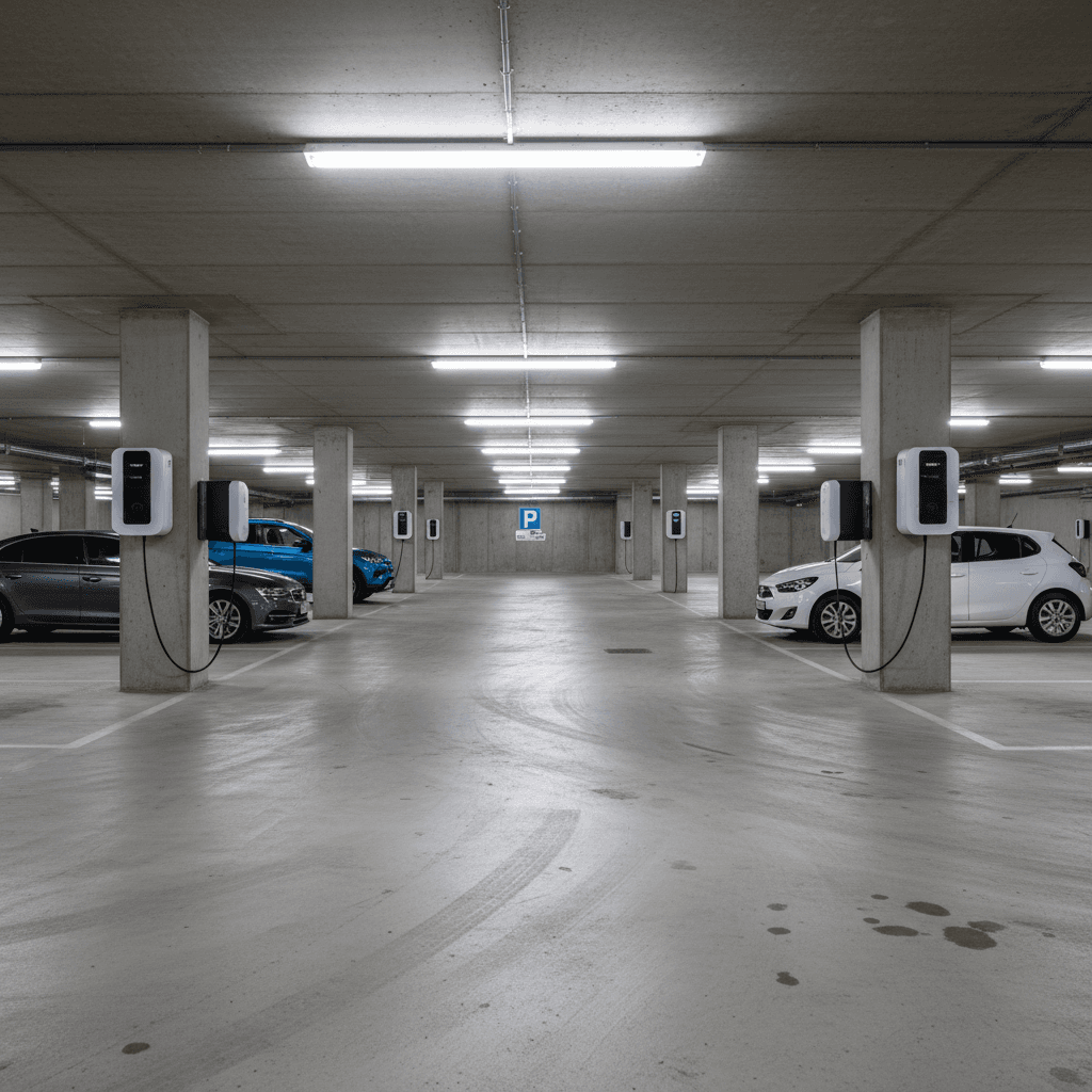Multi-unit EV charging setup in a hotel basement car park