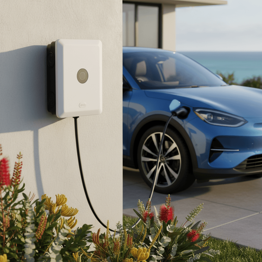Weatherproof EV charger installed at a holiday rental property