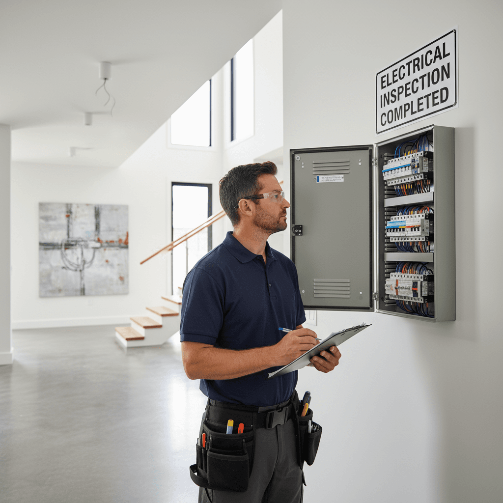 Electrician inspecting electrical panel in a modern home