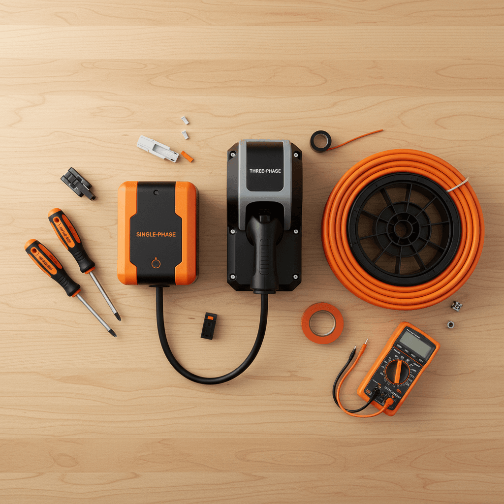 Two EV charger models on a workbench
