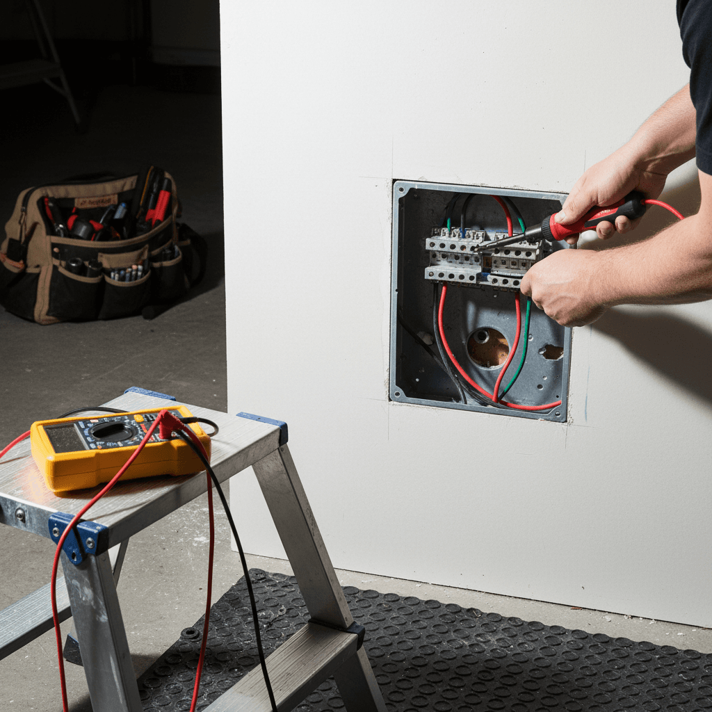 Electrician installing an EV charger wall plate with torque driver