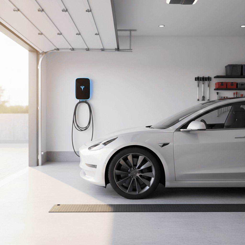 Wall-mounted EV charger in a private home garage with cable management