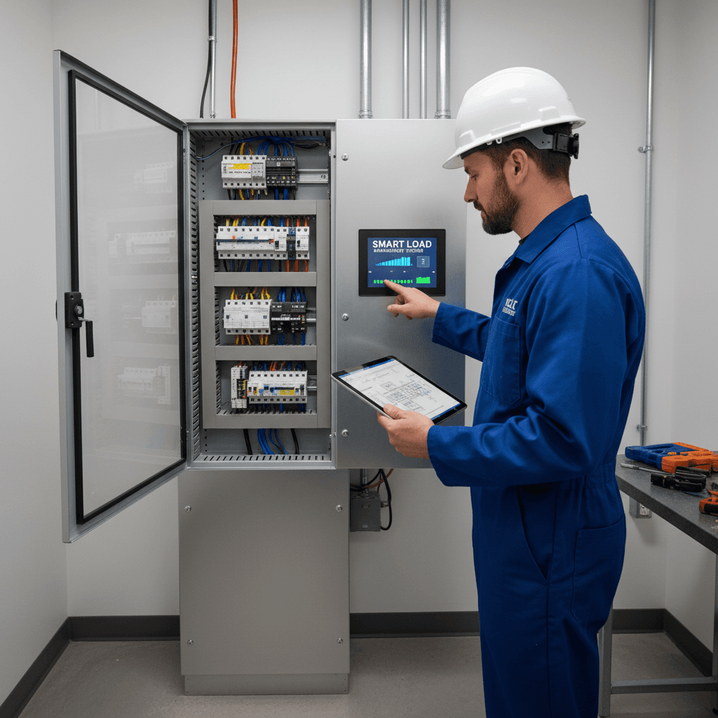 electrician inspecting electrical panel with load management