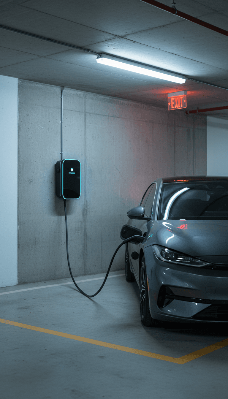 A parking bay with a wall-mounted EV charging station and a car connected