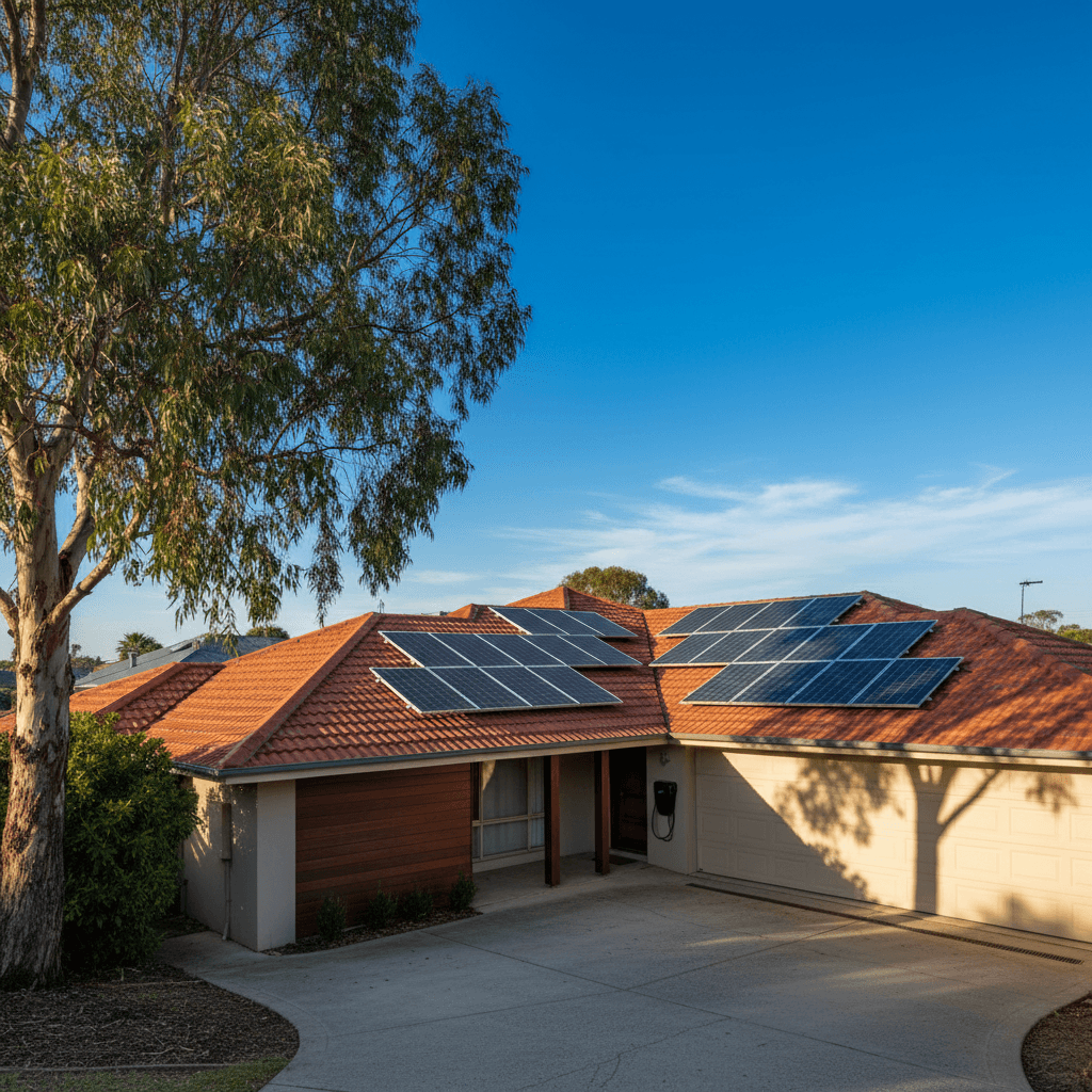 Home with solar panels and EV charger in driveway
