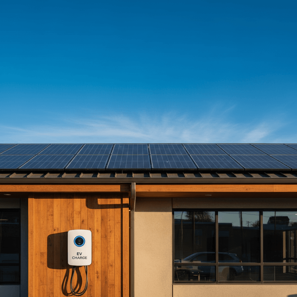 Solar panels above a wall-mounted EV charging unit