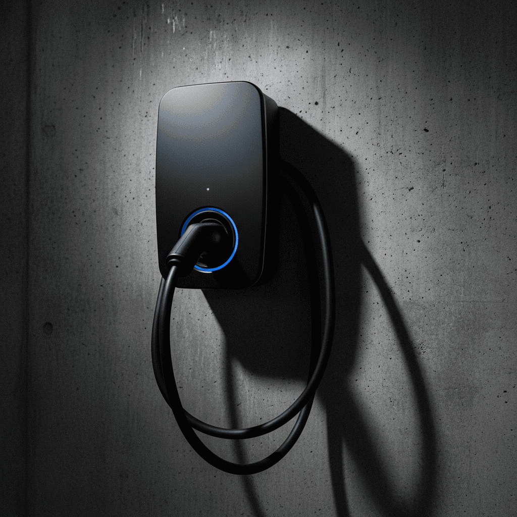 Close-up of a wall-mounted EV charger in a parking garage