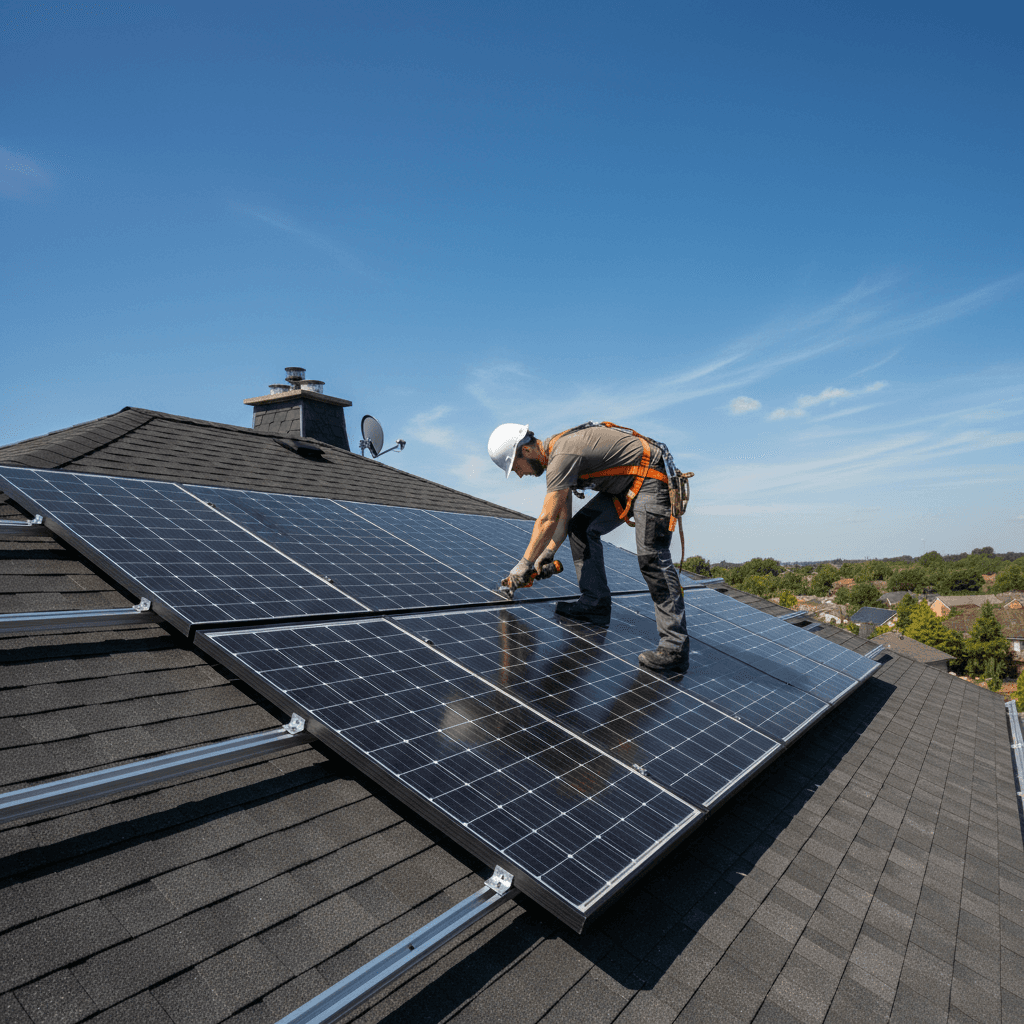 Solar panel installer at work