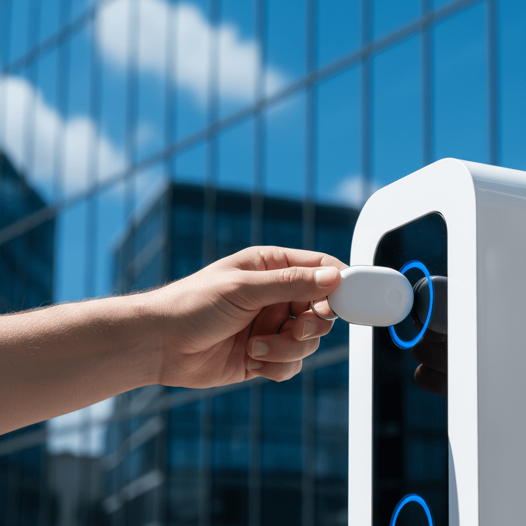 Hand holding an RFID fob near a charging station interface