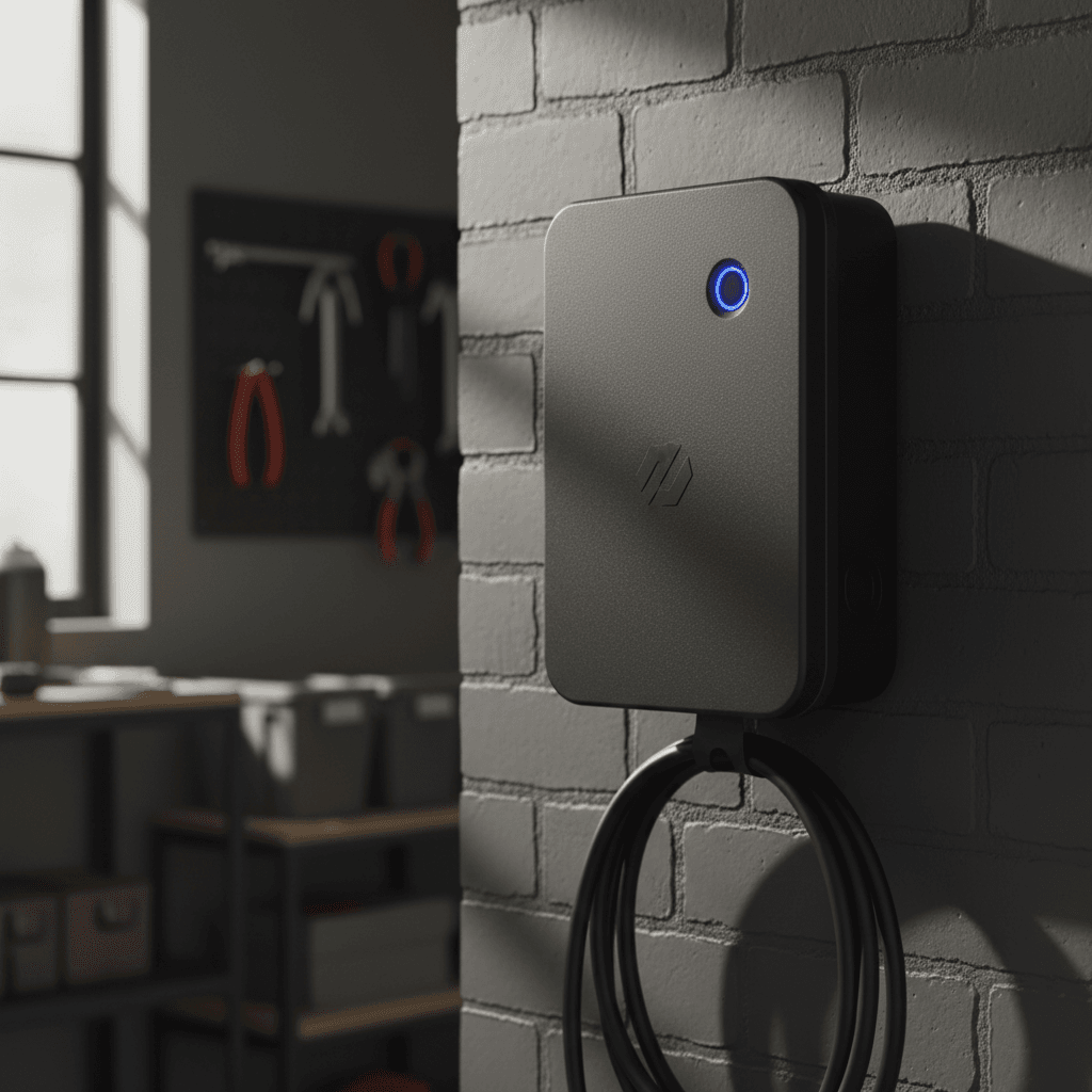 Single-phase EV charger mounted on garage wall