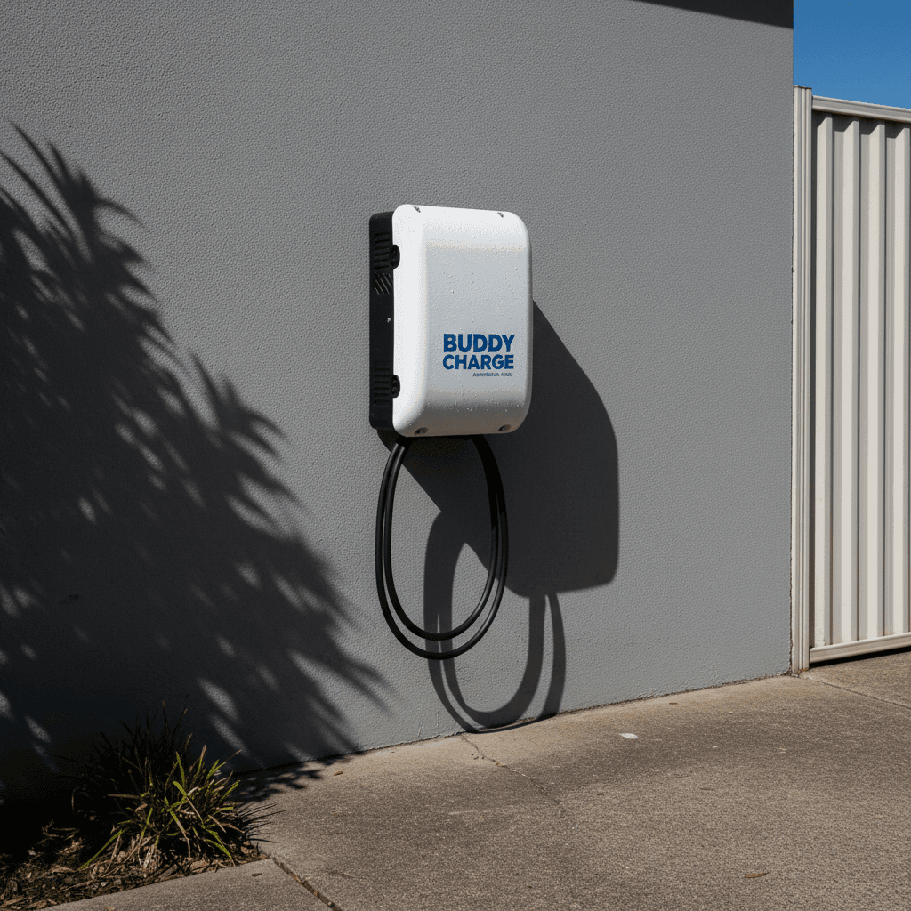 Weather-sealed EV charger mounted on exterior garage wall