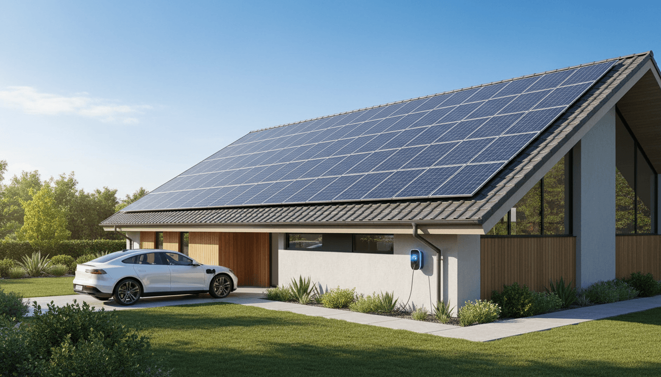 Solar panels on rooftop with electric vehicle charger nearby.