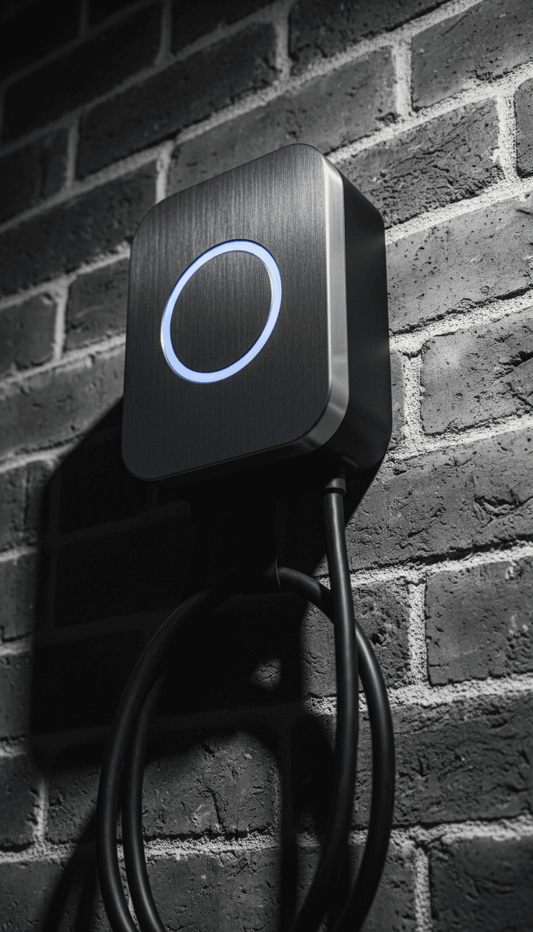 Close-up of a wall-mounted EV charger with a glowing blue LED ring and charging cable