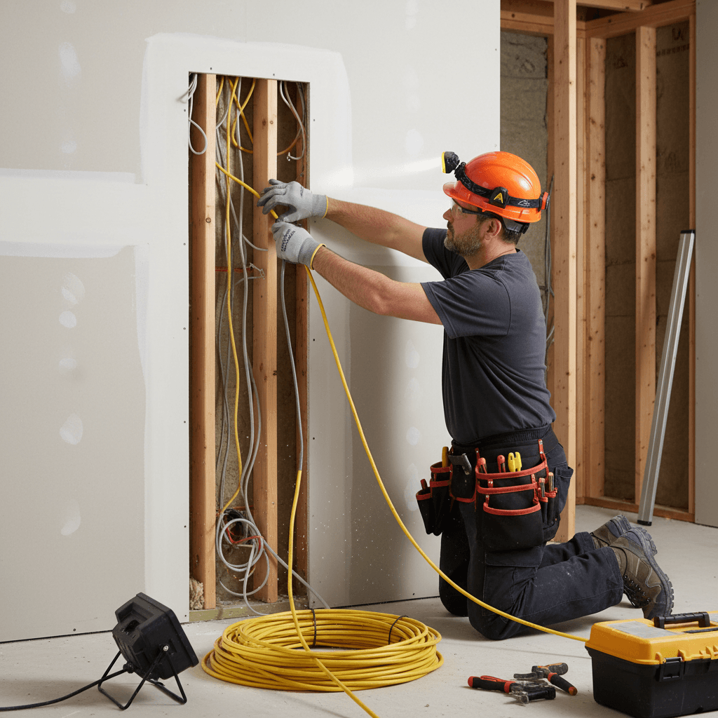 Electrician running electrical cable through a wall
