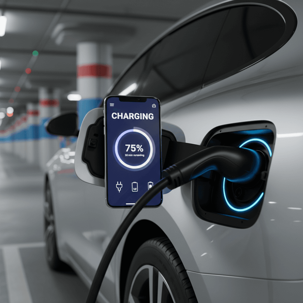 Smartphone display of charging app near EV charging port