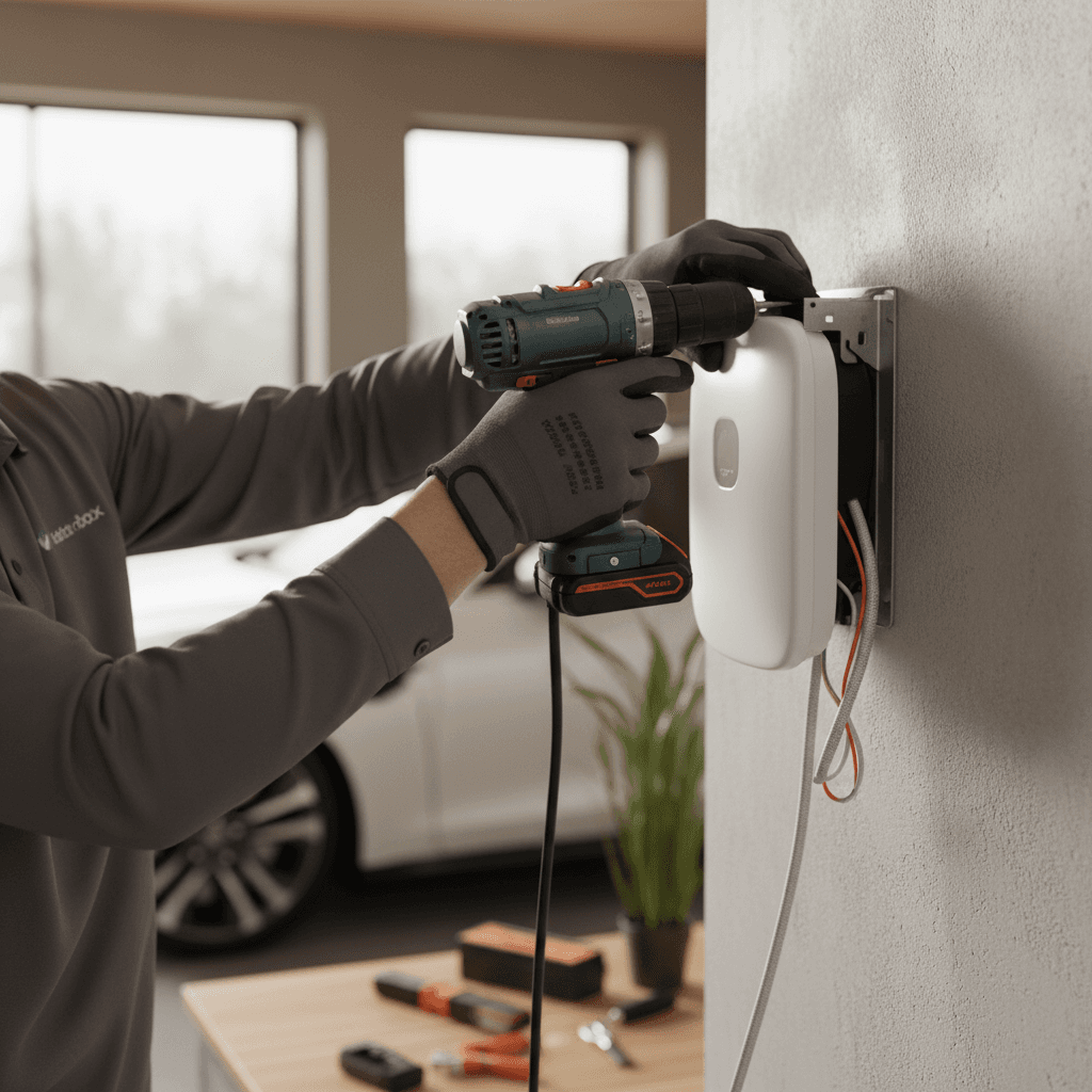 Buddy Charge technician installing commercial EV charger at hotel property