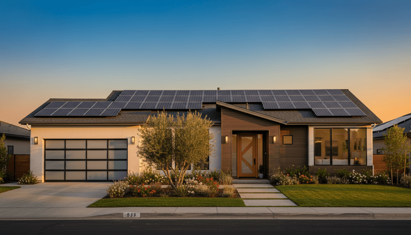 Rooftop solar panels with wall-mounted EV charger below