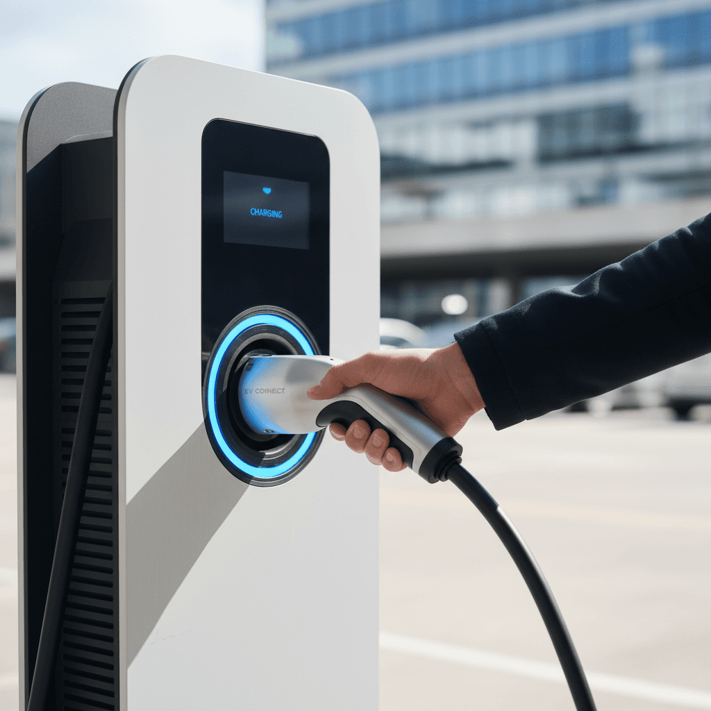 Premium wall-mounted EV charger with smart display and Type 2 connector installed on residential property