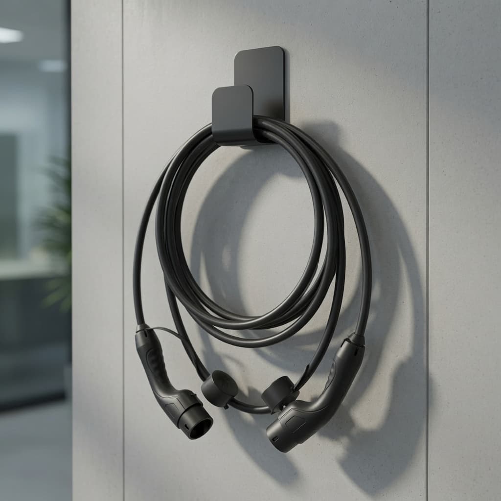 Coiled black electric vehicle charging cable hanging on a sleek black wall-mounted hook.
