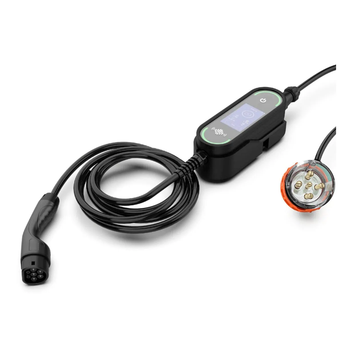 Portable EV charger with a black cable, digital display control box, and industrial power plug.