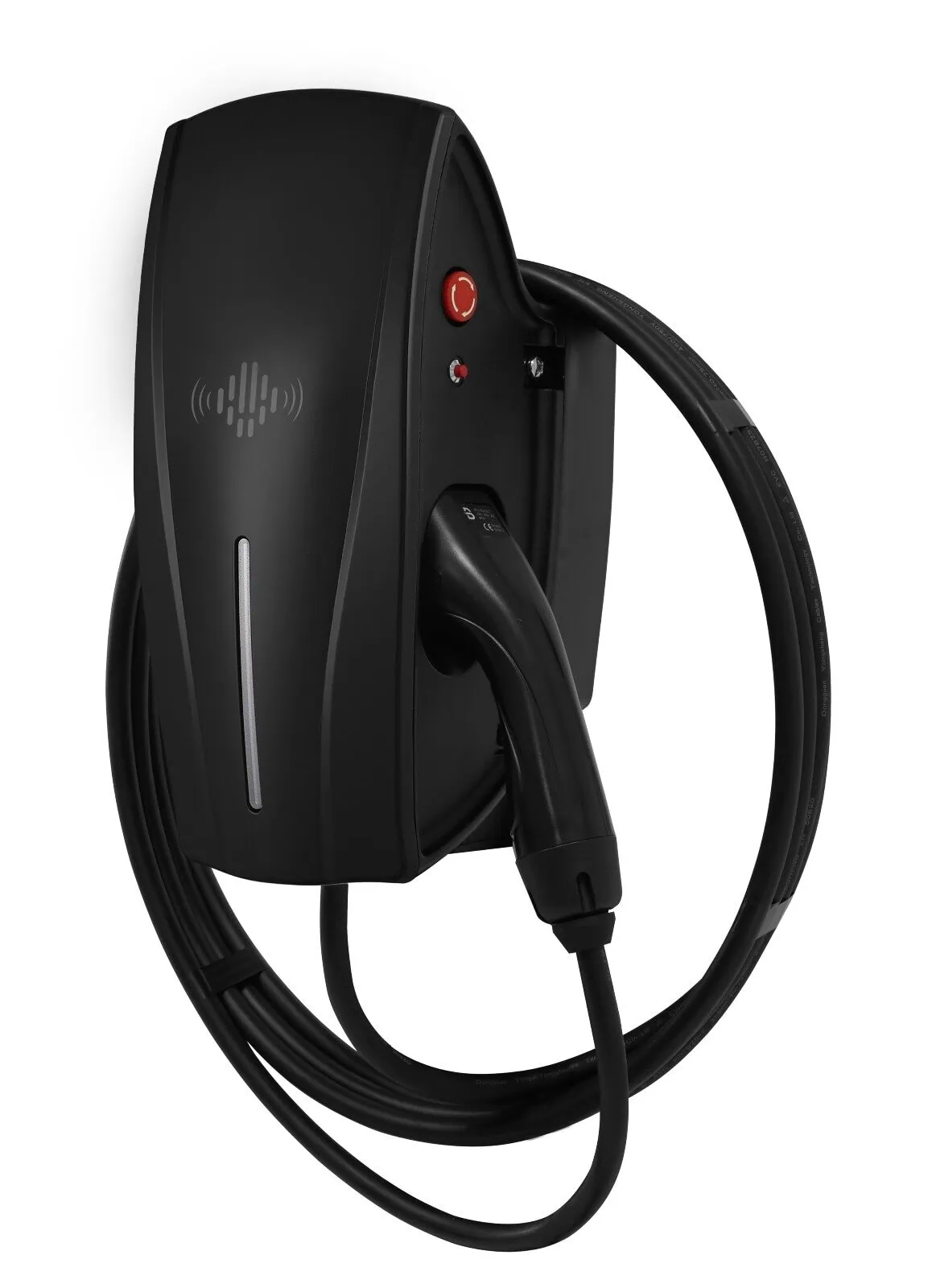 Black wall-mounted electric vehicle charger with a coiled cable and a side-mounted charging plug.