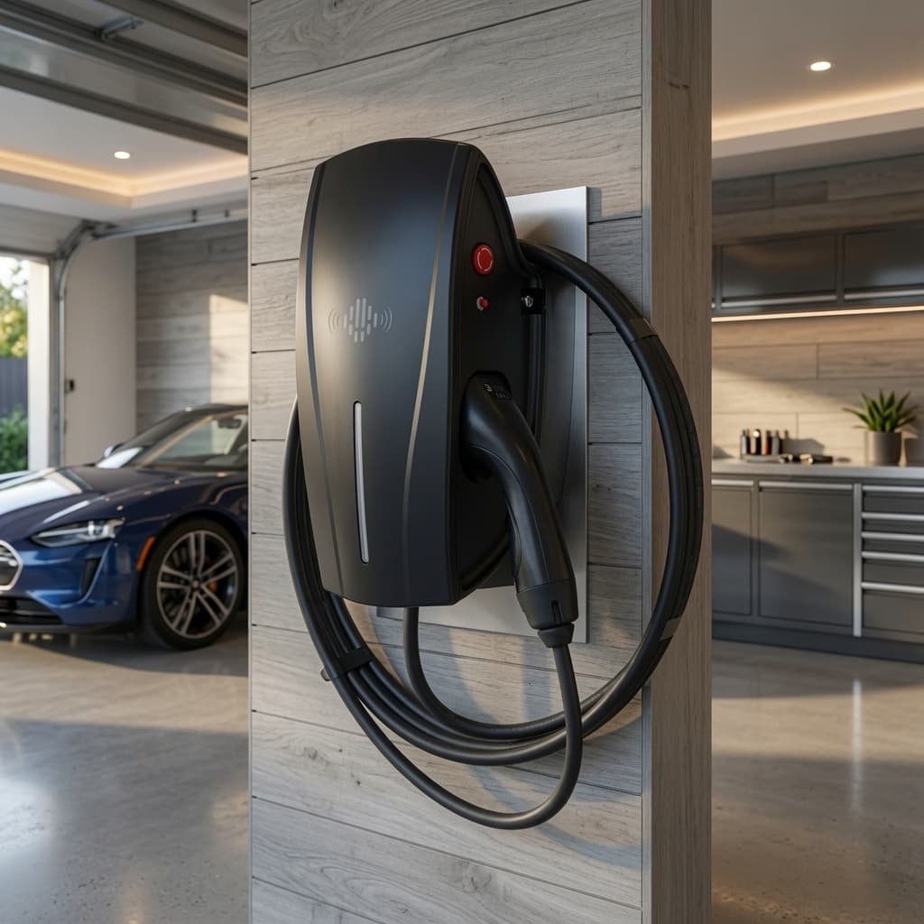 Black electric vehicle charger on a wooden pillar in a modern garage with blue car.