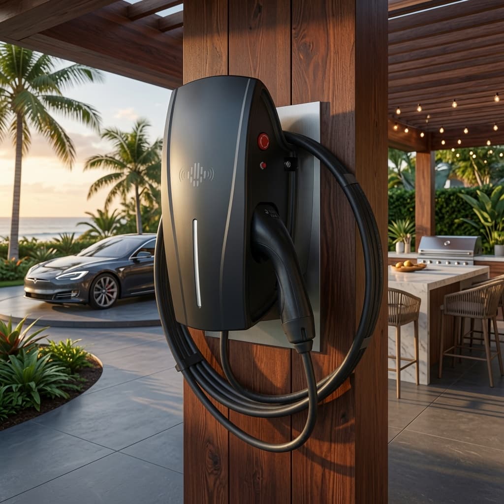 Sleek black electric vehicle charger on a wooden post with a Tesla and ocean view.