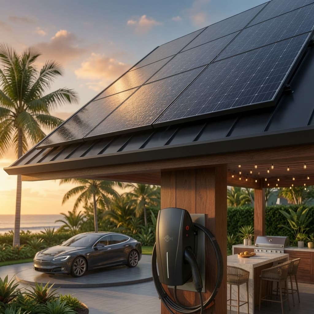 Rooftop solar panels and an EV charger at a tropical beachfront home with a parked car.