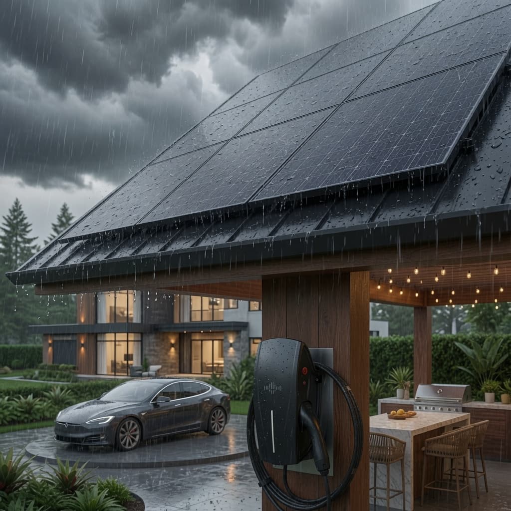 Solar panels on a carport roof during rain with an electric car and charger.