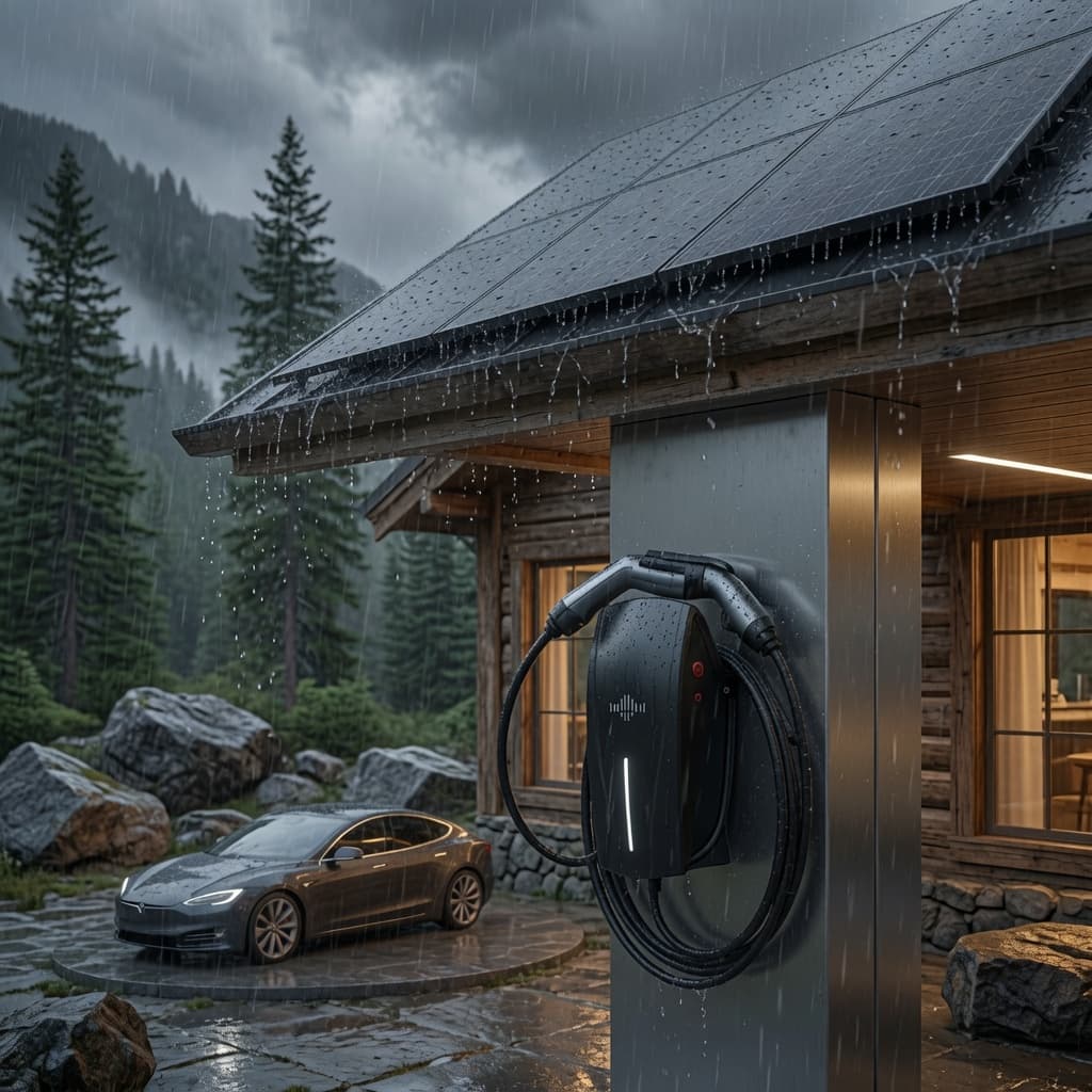 Tesla parked at a rainy mountain cabin with solar panels and an outdoor electric charger.