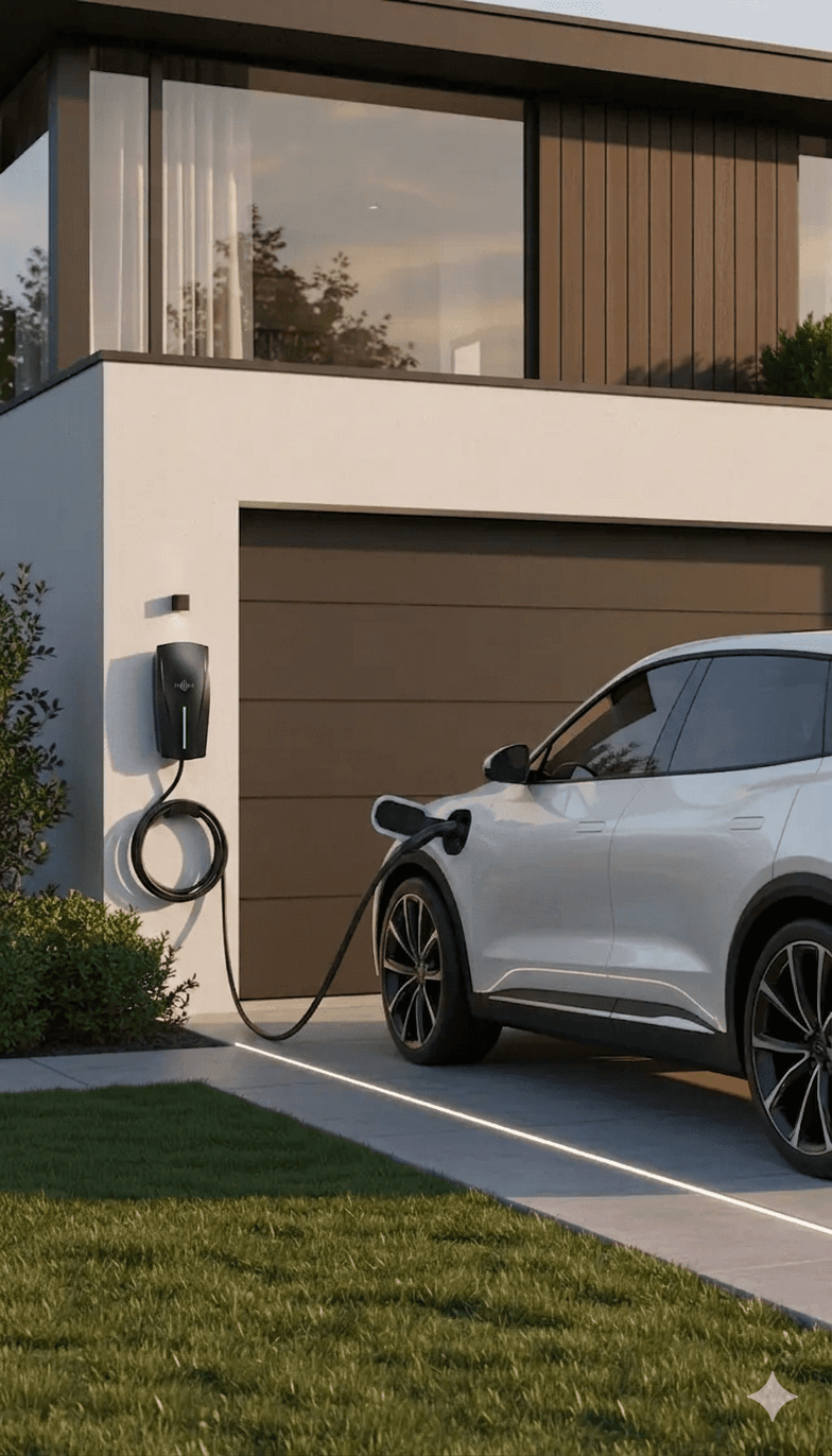 A white electric SUV charging at a wall-mounted station outside a modern residential home.