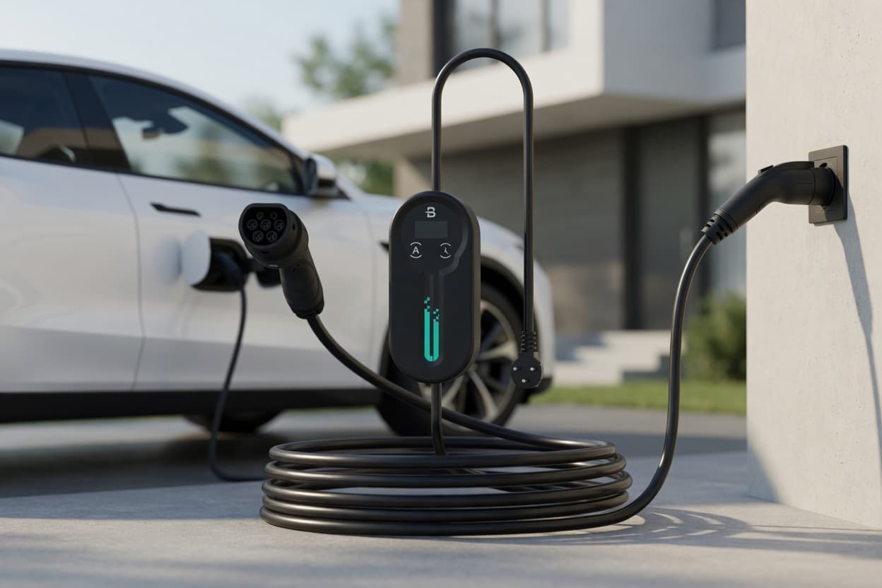 Portable EV charger with coiled black cable plugged into a white car and wall.