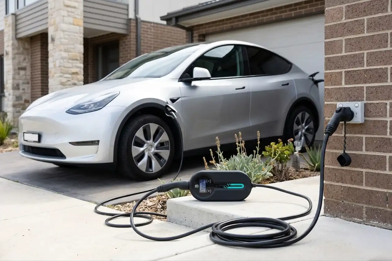 Silver electric car charging in a driveway with a portable charger plugged into an outlet.