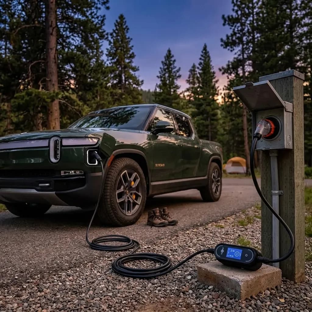 Green Rivian electric truck charging at a campsite in a pine forest at dusk.