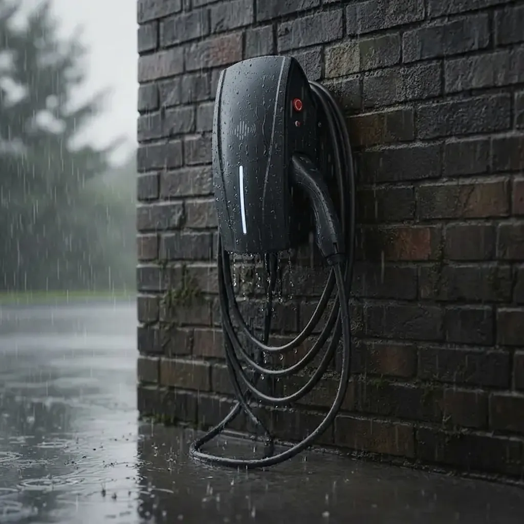 Black electric vehicle charger mounted on a brick wall during a heavy rain storm.