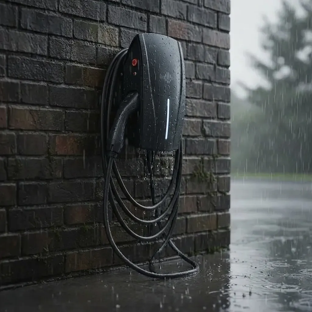 Sleek black electric vehicle charger mounted on a brick wall during a heavy rainstorm.