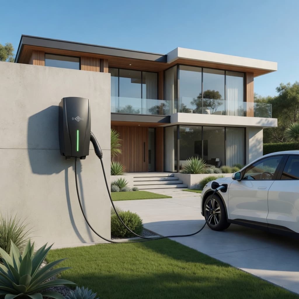 White electric vehicle charging at a wall-mounted station outside a modern two-story home.