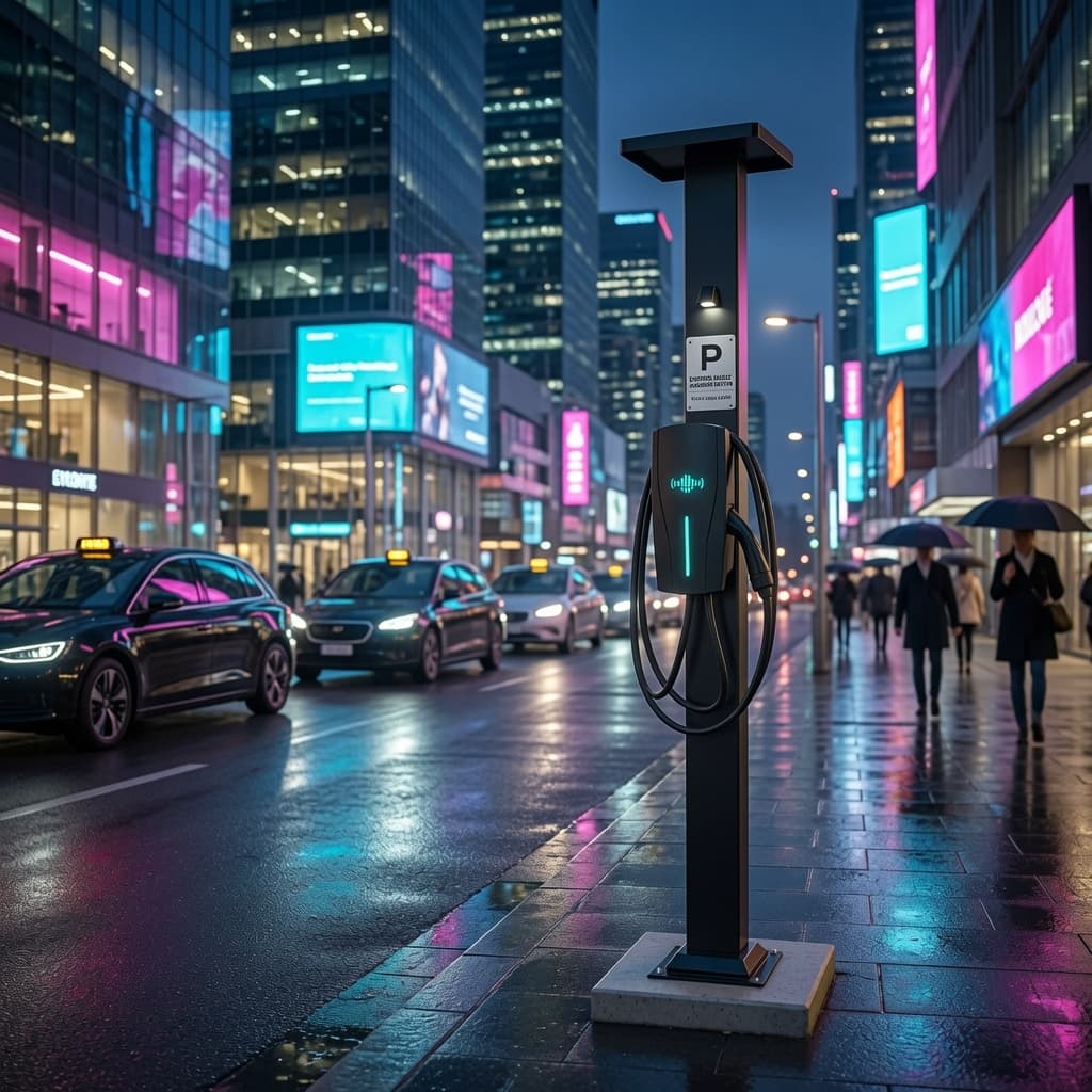 Modern EV charging station on a rainy city sidewalk surrounded by vibrant neon lights.