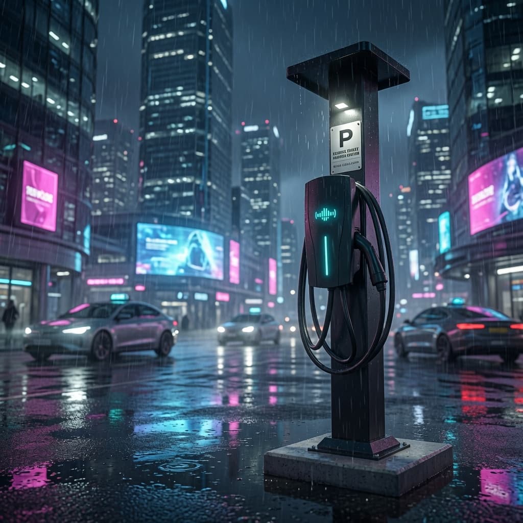 Sleek EV charging station on a rainy city street at night with glowing neon skyscrapers.