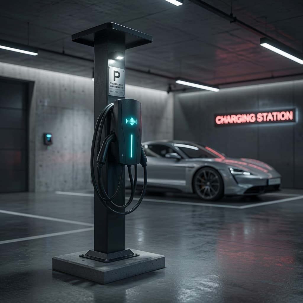 Sleek black EV charger in a modern garage with a silver sports car parked nearby.