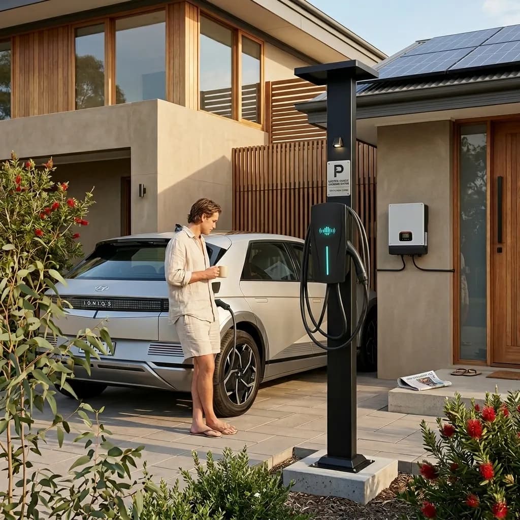 Man stands by a silver electric car charging at a modern solar-powered home.