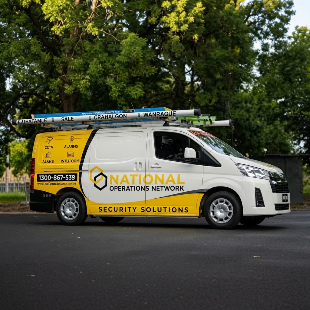 White and yellow National Operations Network security van with roof ladders parked near green trees.