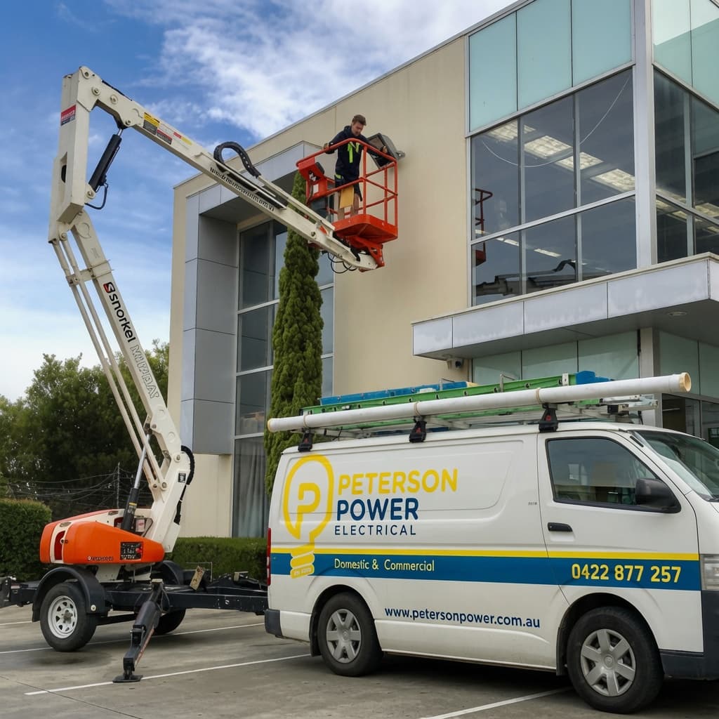 Electrician in a cherry picker works on a building beside a Peterson Power Electrical van.