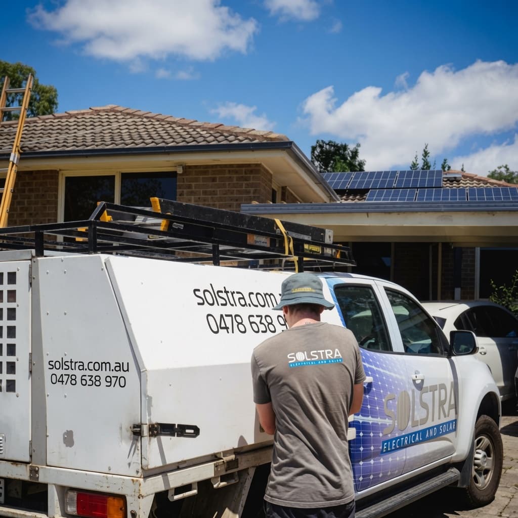 Solstra technician standing by a branded work truck at a house with rooftop solar panels.
